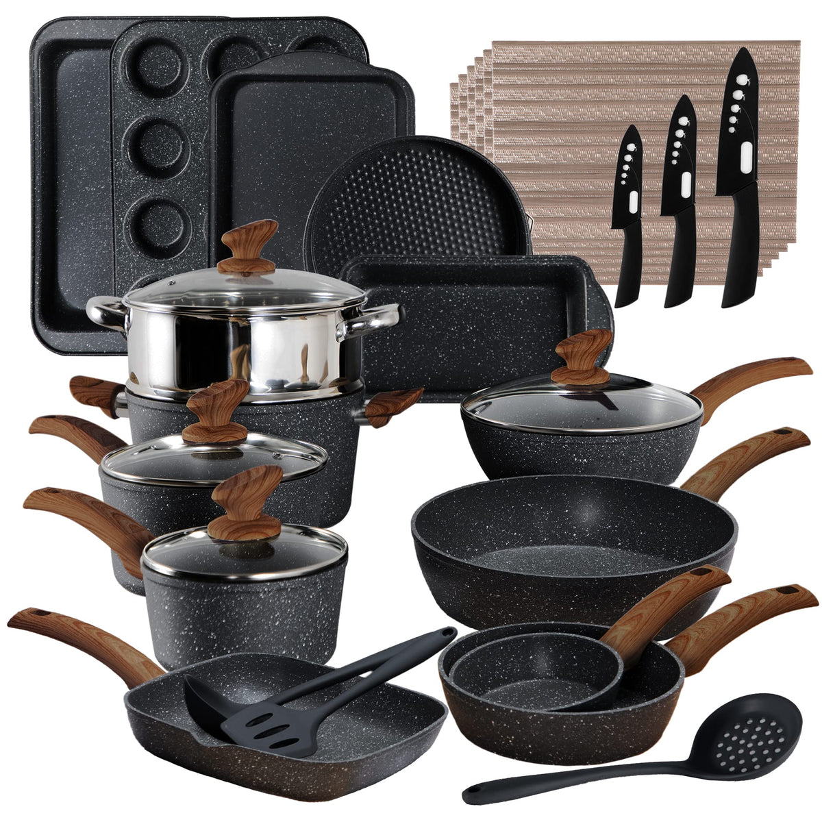 Batería de cocina de 17 piezas – Juego de ollas y sartenes de granito negro antiadherente