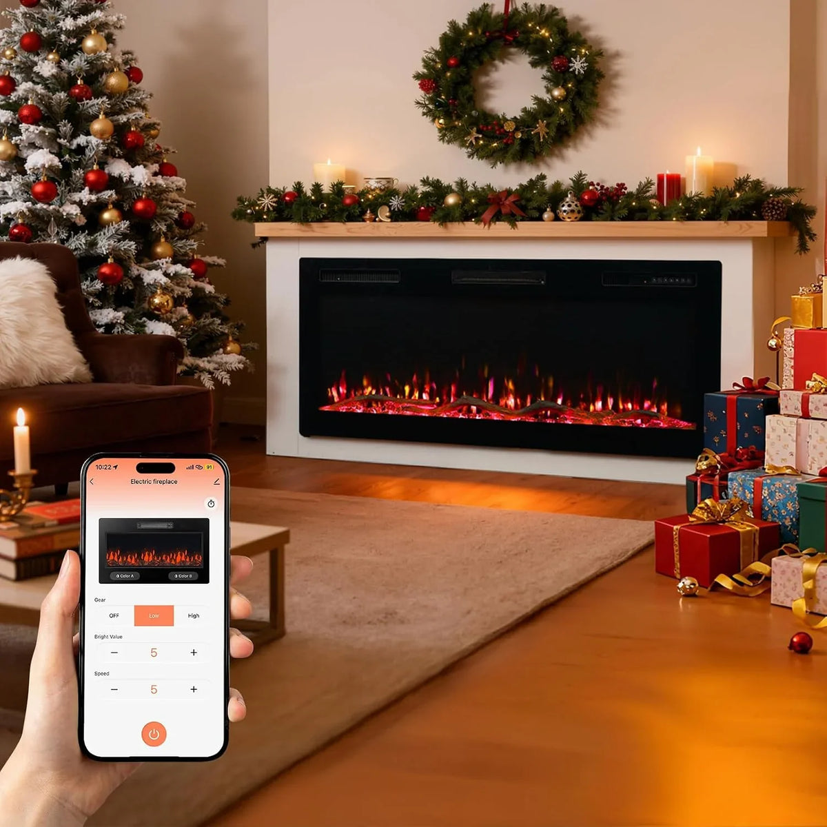 HOMAVO 50" Electric Fireplace with Heating, 1000W/2000W Decorative Fireplace, 12 Colors of 3D Flame, 12 Colors of Wood Fireplace, Remote Control & App, Includes Fireplace Furniture