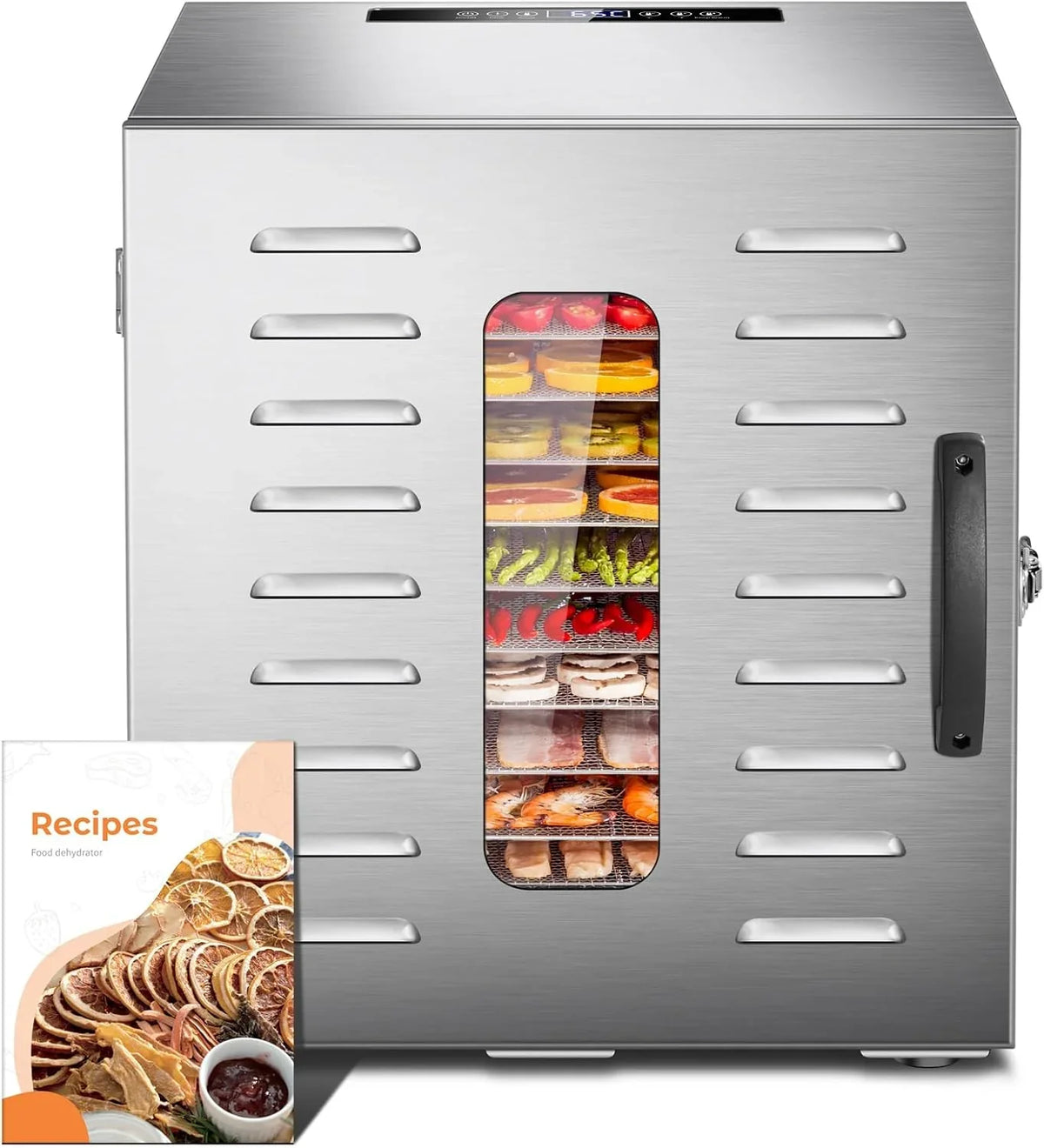 Kwasyo 10 Bandejas Deshidratador Alimentos Recetas gratis Temperatura Ajustable 30-90℃, Acero Inoxidable Completo, Temporizador de 24 horas, 10 Pisos Deshidratadora de Frutas, bpa free,1000W