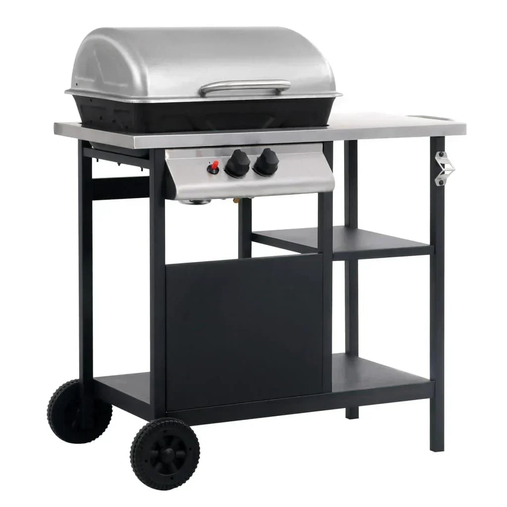 Barbacoa Portátil De Gas Con Mesita 3 Estantes Negro Y Plateado Vidaxl