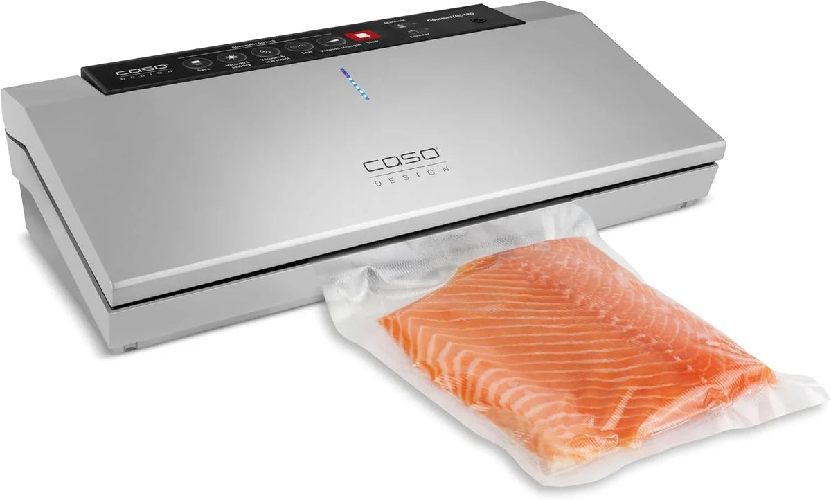 CASO GourmetVAC480 - Envasadora al vacío doméstica - Potente capacidad de vacío de 20 L/min - Integra caja de almacenamiento de film y cortadora plegable - Función de memoria - plateado