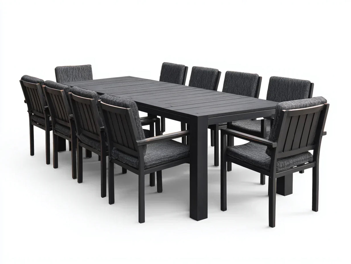 Conjuntos de comedor de jardín 200x100x75 cm - mesa de aluminio con 10 sillas tapizadas - negro-gris - diseño moderno exterior