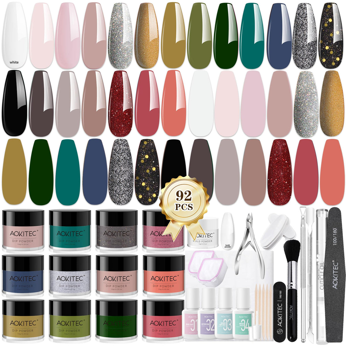 Aokitec 92Pcs Dip Powder Nail Kit - 20+1 Colors Dipping Powder Set white silver black