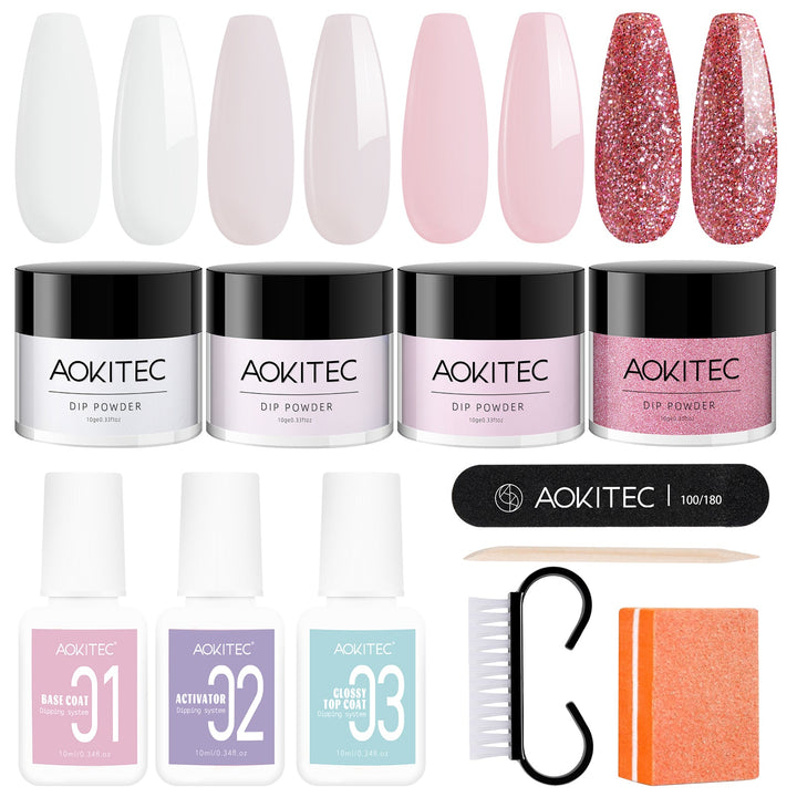 Aokitec Nail Kit Starter - 4 Colors White Nude Pink Glitter Nail Dip Powder Set