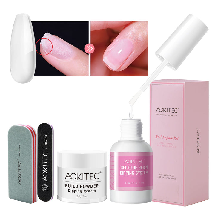 Aokitec Nail Repair Kit - 28g Clear Build Powder + 15ml Repair Glue for Broken Cracked Split Weak Nails