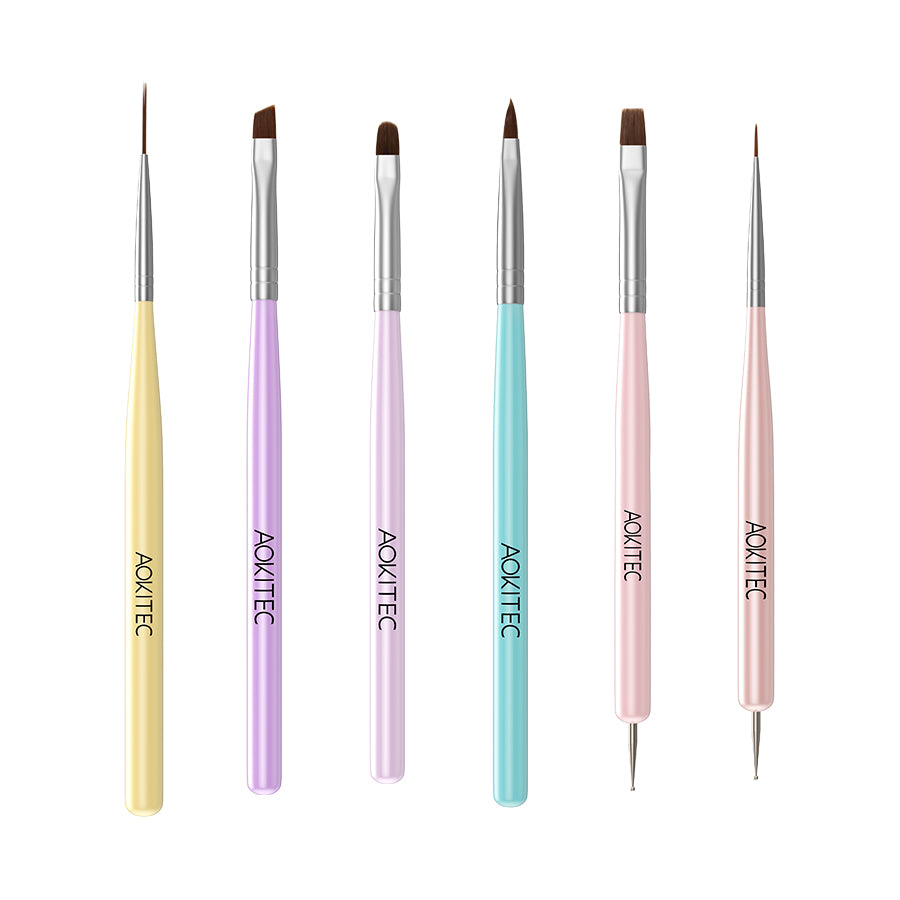 Aokitec 6PCS Candy Color Nail Art Brushes Set, Multi-Shape Nail Design Painting Tools