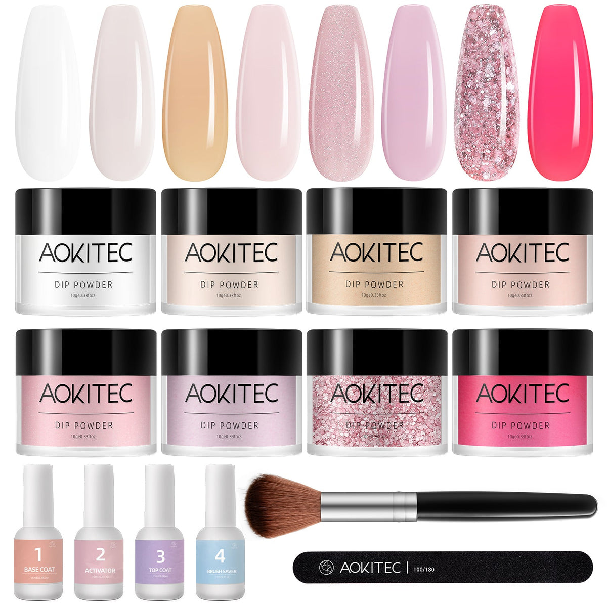 Aokitec Rose Pink Series Dip Powder Nail Kit with Dip Liquid & Basic Manicure Tools 14pcs
