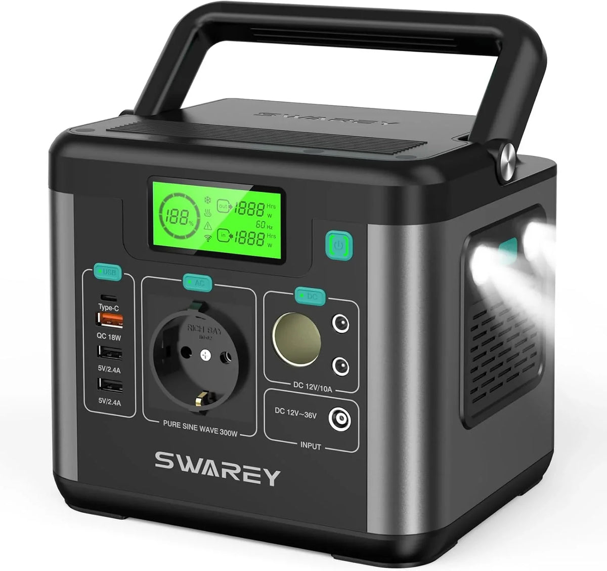 Generador Solar Portátil S160, 222Wh Estación de Energía, Salida de CA de 300W (Pico de 600W), Puerto USB-C de 65W, Batería Externa para Camping, Viajes, Pesca, RV
