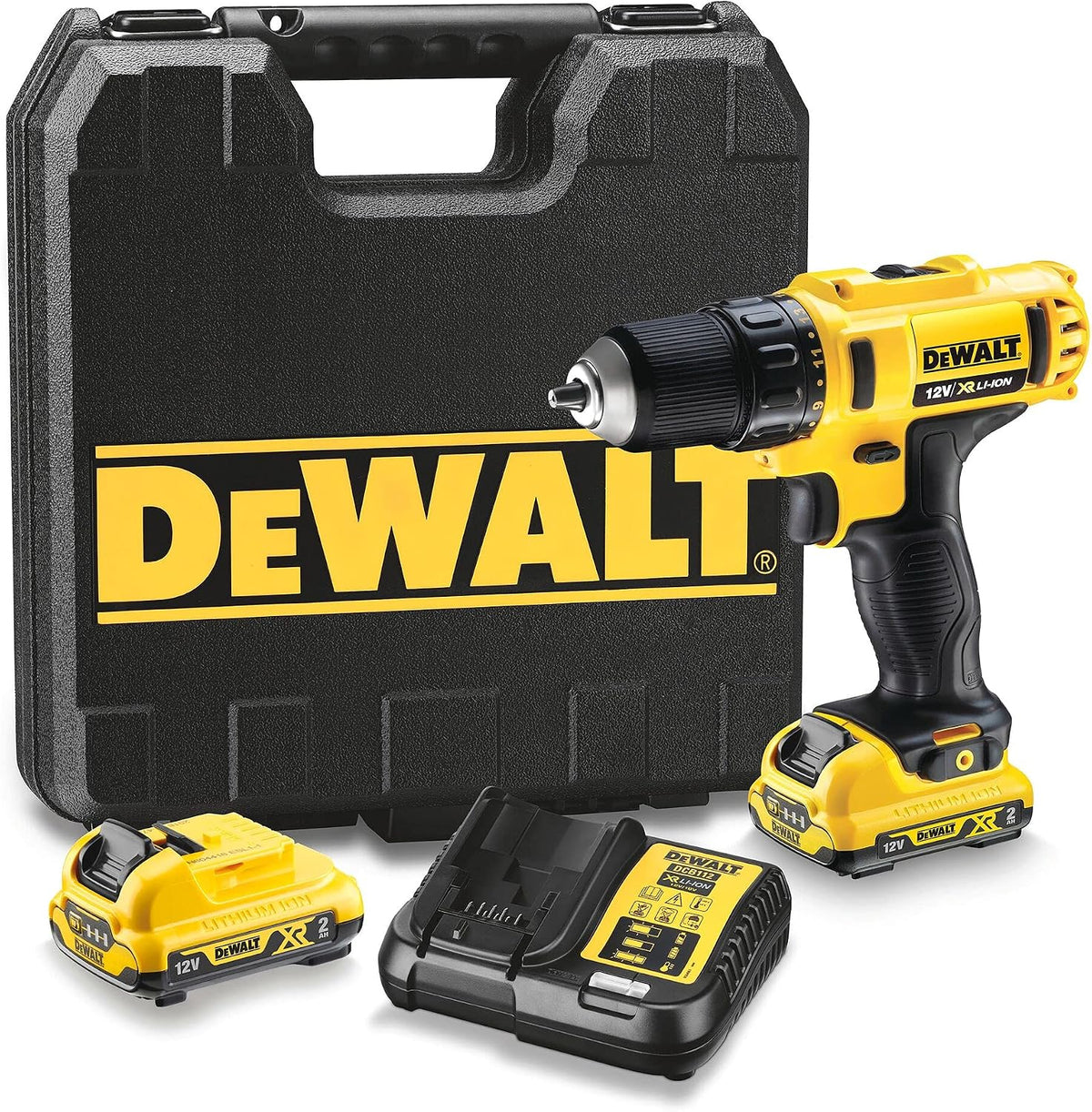 Dewalt DCD710D2 - Taladro Atornillador XR 10.8V, 24 Nm, con 2 Baterías de Litio 2Ah y Maletín, Negro/Amarillo