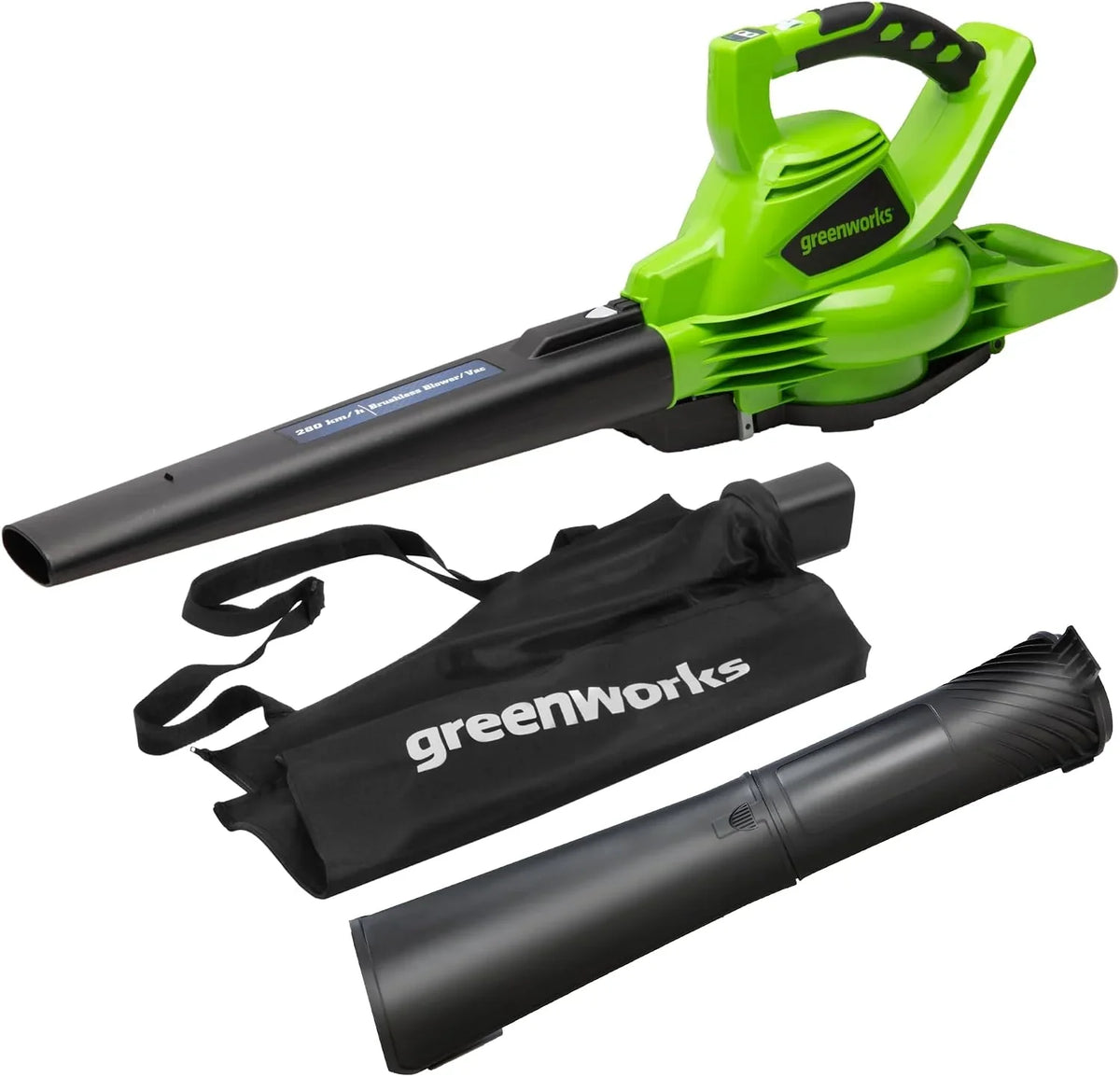 Greenworks GD40BV Soplador Aspirador de Hojas a Batería con Motor sin Escobillas, 280 km/h, 9,63 m³/min, Bolsa Recogedora de 45L SIN Batería de 40V y Cargador, Garantía de 3 Años