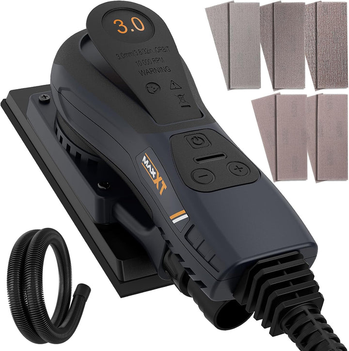 Lijadora orbital 3mm sin escobillas MAXXT, Lijadora electrica 350W velocidad ajustable-4000-10000/RPM, Freno automático-2s, Recolección automática polvo, superficie lijado(198 * 70mm)-10 papeles lija