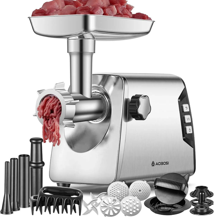 AAOBOSI #12 Picadora de carne, [3000 W máx], 3 velocidades, picadora de carne eléctrica resistente: 2 cuchillas, 4 placas, 3 rellenadores de salchichas, kit de kibbe, pinza de carne, prensa para