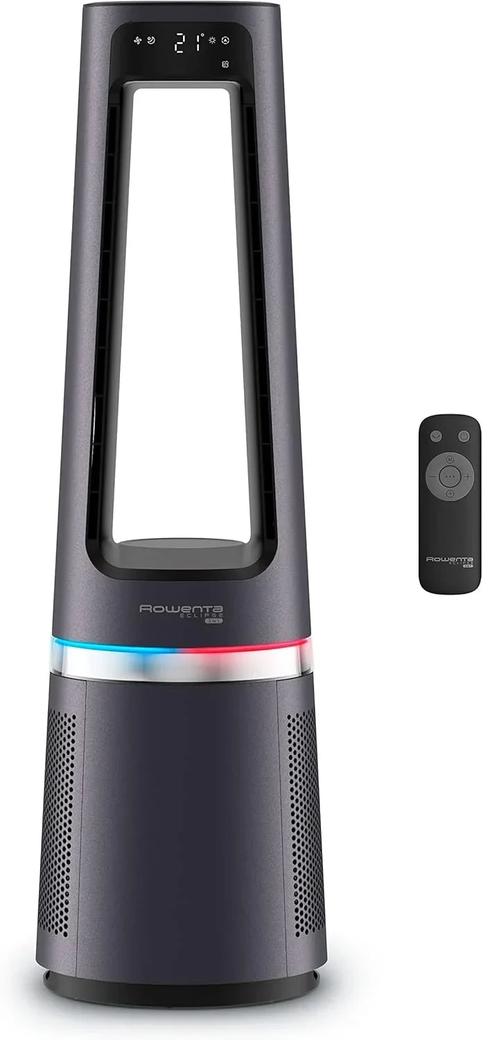Rowenta Eclipse 3 en 1, Ventilador, purificador y calefactor de 2100 W, filtra hasta el 99,95 % partículas, silencioso, oscilación, luz decorativa, encendido programable, plata, QU5062