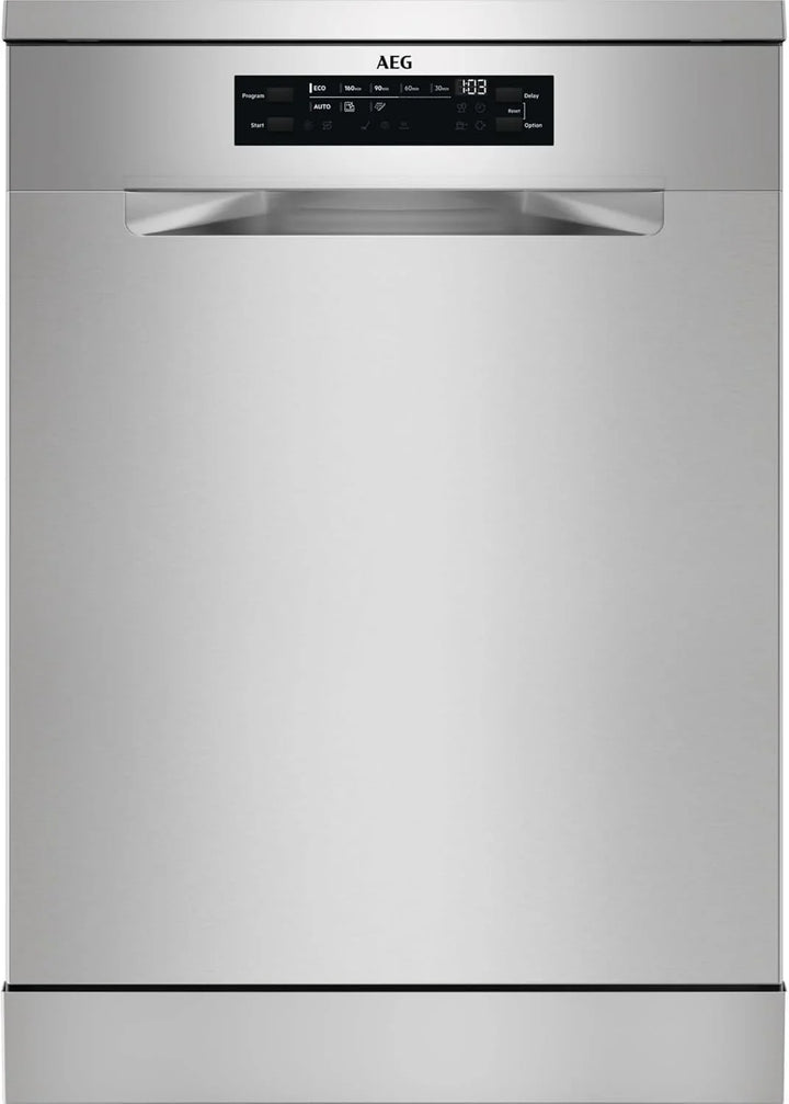 AEG Lavavajillas de 60 cm, FFB64607ZM, 13 cubiertos, Motor Inverter, Libre Instalación, Display LCD, 8 programas, 4 temperaturas, AirDry Extrahigiene, Serie 6000 SatelliteClean, INOX