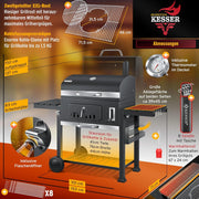 KESSER® Parilla de Carbón con Carrito Grill con Tapa, Ruedas, Mango de Acero Inoxidable | Barbacoa y Termómetro Carbón Grande BBQ Asador Camping, Terraza, Jardín XXL Gris