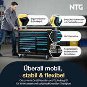 NTG Carro de herramientas XXL – 471 piezas incluidas – 12 cajones con tablero de trabajo de madera, con llave, móvil sobre ruedas – Gabinete profesional de metal para garaje y taller