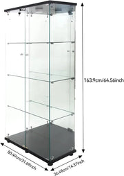 Vitrina Cristal Expositora con Luz, Puerta Cerradura, 4 estantes - Grande Vitrina de Colecciones,Vitrina de pie para Sala Oficina(Espalda Espejo)