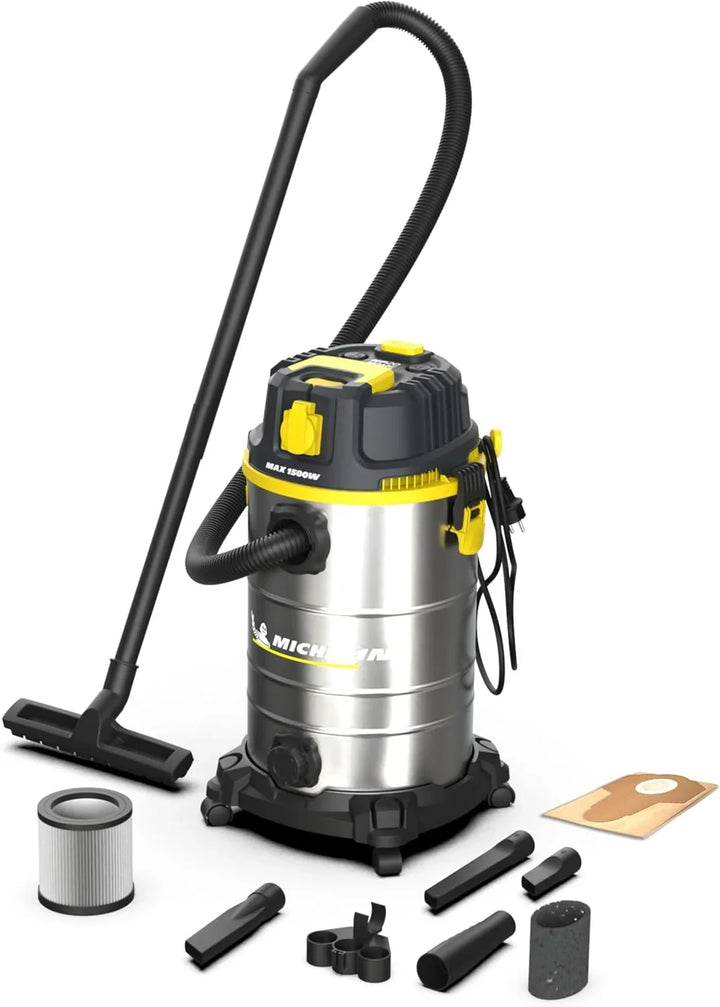 Michelin HP30PRO Aspirador Industrial 30L 1400W - Seco y Húmedo - Depósito INOX - Vibración Mecánica Filtro - Drenaje Líquidos - Cable 4m