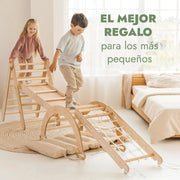 5 en 1 Montessori Juego de Escalada Interior para Niños Pequeños - Gimnasio de Madera para Niños Escalera Triangular & Arco & Rampa de Escalada & Red & Cojín - Gimnasio de Madera para niños pequeños
