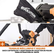 Evolution Power Tools R255SMS-DB ingletadora, Sierra ingletadora deslizante multimaterial de 255 mm, con doble bisel y paquete plus, hasta 300 mm x 90 mm, 5° a izquierda y derecha, inglete de 50°