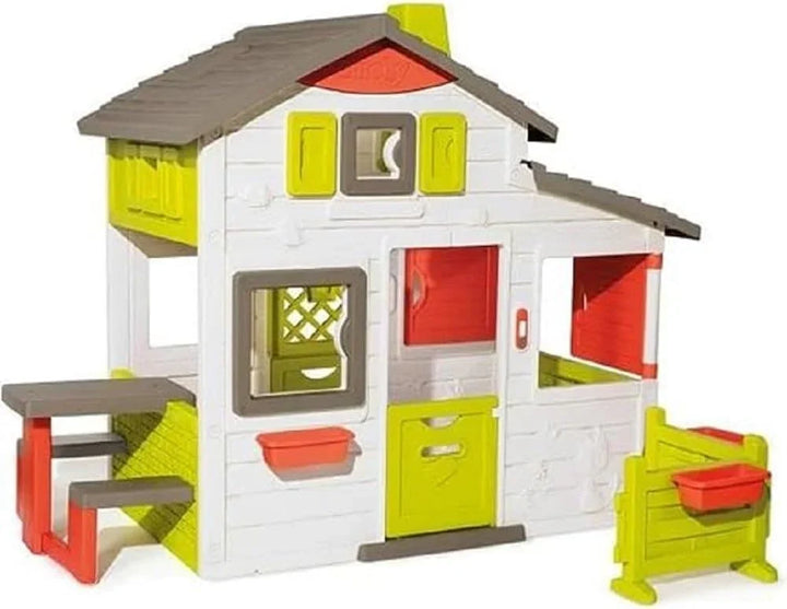 Smoby Life - Casa de Juegos Friends House EVO con 2 Puertas, 6 Ventanas y Mesa de Picnic Extraíble – Fabricada en Material Reciclado, Protección UV, para Niños a Partir de 3 Años (7600810208)