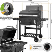 Barbacoa de Carbon XXL, Parrilla de Carbón con Chimenea y Tapa, Parrilla con Carrito BBQ Smoker con Ruedas y Termómetro, Grande BBQ Carbon para Camping y Jardín