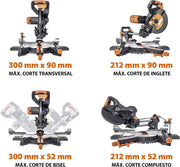Evolution Power Tools R255SMS-DB ingletadora, Sierra ingletadora deslizante multimaterial de 255 mm, con doble bisel y paquete plus, hasta 300 mm x 90 mm, 5° a izquierda y derecha, inglete de 50°