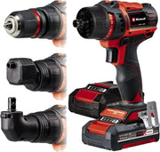 Einhell Taladro con batería TE-CD 18/45 3X-Li+22 Power X-Change (18 V, 45 Nm, portabrocas desmontable, pieza angular y excéntrica, set de puntas de 22 piezas, 2 baterías de 2,0 Ah, cargador + E-Box)