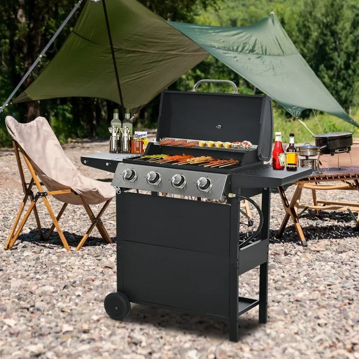 2026 Parrilla a gas SEGMART de 4 quemadores de acero inoxidable – 34,200 BTU, barbacoa para jardín/patio con dos estantes plegables y termómetro, ideal para camping y cocina al aire libre