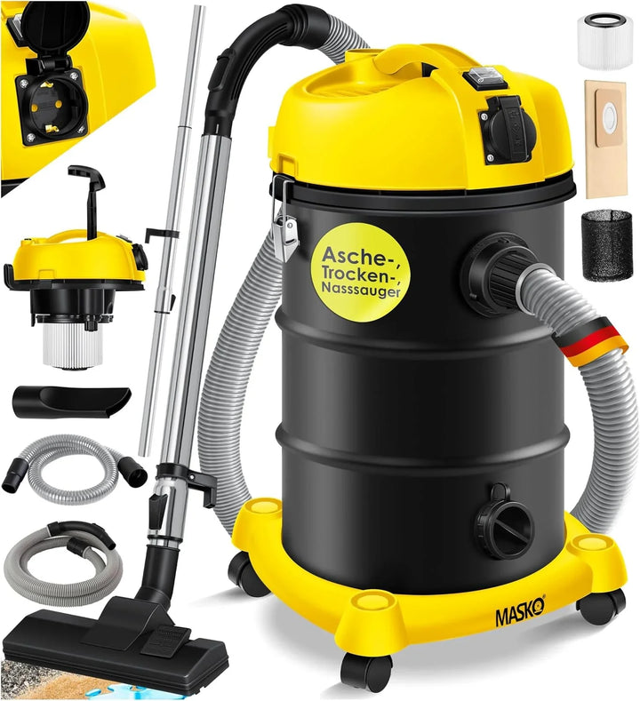 Masko® 6IN1 Aspirador Industrial en seco y húmedo de Cenizas 2300W + Toma de Corriente Función de soplado en seco y húmedo | sin Bolsa (Gelb)