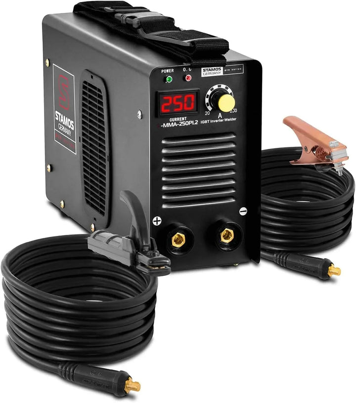 Stamos Germany Equipo de Soldadura Electrodo MMA (250 A, Cables de 8 m, Hot Start, Inverter IGBT, Electrodos de hasta Ø4 mm) PRO