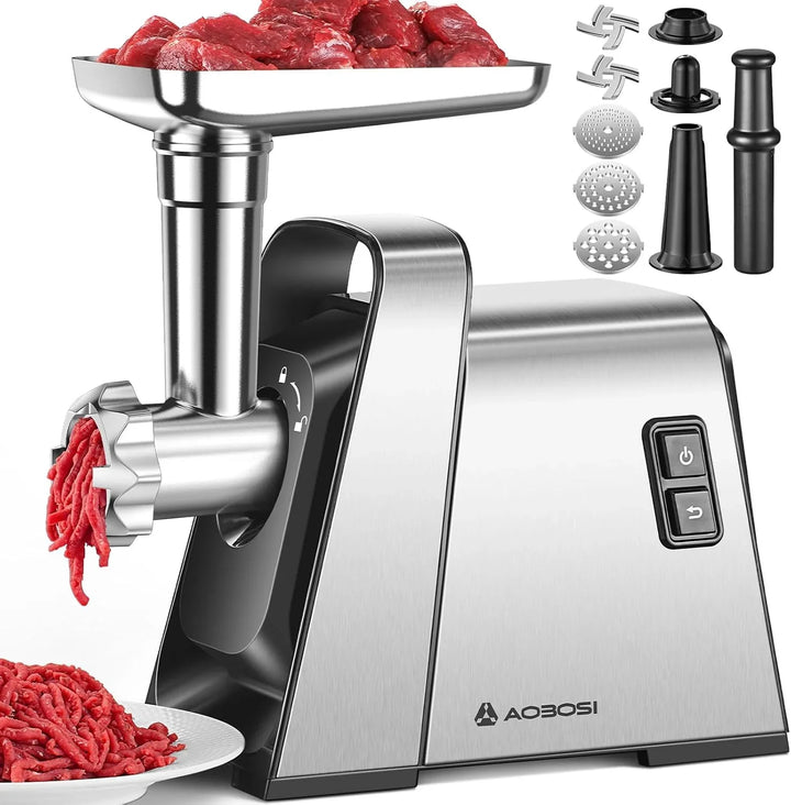 AAOBOSI Picadora De Carne, 3-EN-1 Picadora De Carne Eléctrica [3000w Max] Con 2 Cuchillas, 3 Placas De Corte De Acero Inoxidable, 1 Tubo Para Rellenar Salchichas, 1 Kit Kubbe
