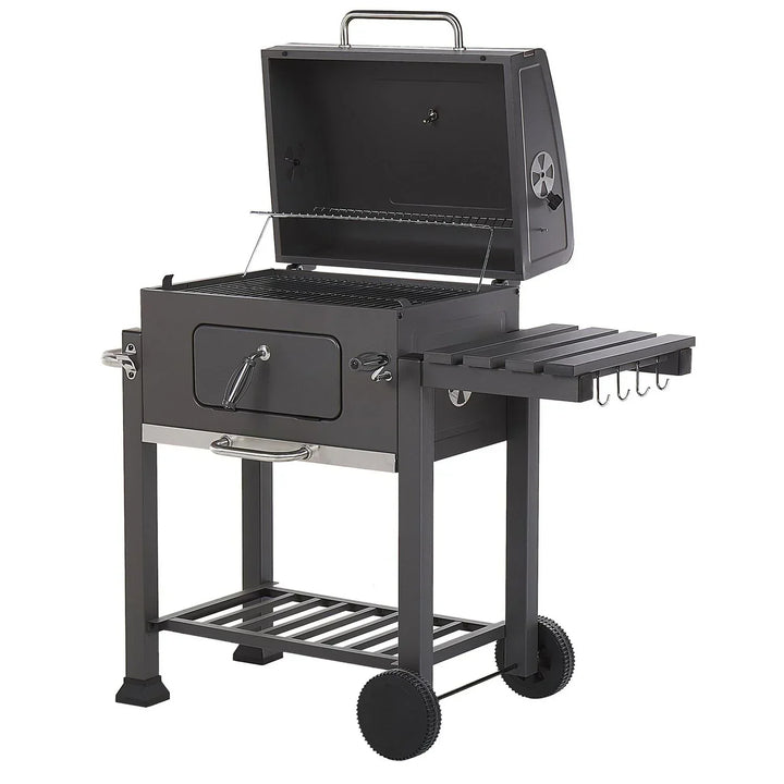 Barbacoa De Carbón Parrilla De Acero Gris Con Tapa Rejilla Ruedas 2 Estantes Termómetro Cenicero Extraíble Jardín Pavlof - Gris