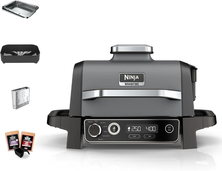 Ninja Woodfire Pro Connect XL Grill elektryczny BBQ I wędzarnia ze sterowaniem za pomocą aplikacji, 2 cyfrowymi sondami, dużym grillem zewnętrznym i smażeniem beztłuszczowym 7 w 1, OG901EUAMZ