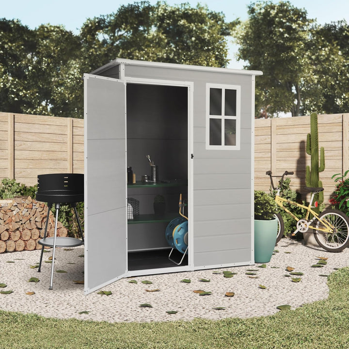 Wasabi - Caseta de Resina Jardín Unit 1.4 – Ventana Luz Natural - Suelo Incluido - Paneles 12mm de Espesor - Gris Blanco - Cobertizo PVC Almacenaje Exterior - 1,37m2 - Techo Plano