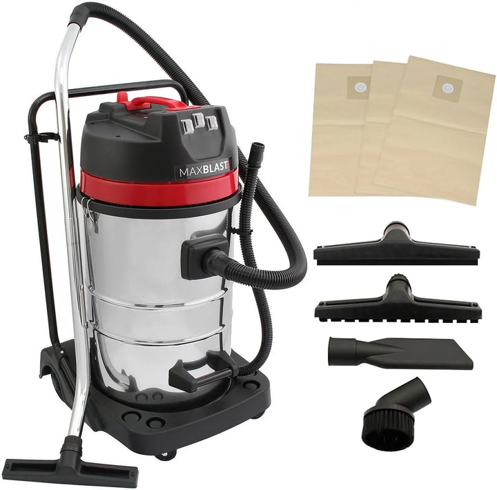 Aspiradora Industrial en Seco y Húmedo de Acero Inoxidable de 80L,4 Accesorios+3 Bolsas GRATIS Aspirador para Limpieza Comercial 3000W Motor Triple,Filtro de Tela,Manguera 1.5m,Cable 9m,con/sin Bolsa