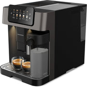 Grundig KVA 7230 Máquina automática de café, 10 especialidades de café, 13 niveles de molienda, tanque de leche, potencia de 1350 W, presión de bomba 19 bar, doble boquilla, iluminación, negro/plata