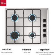 TEKA Placa de Gas Butano, 60 cm, 4 Fuegos, Mandos Ergonómicos, Seguridad Termopar, Parrillas Esmaltadas, HLX 640 KL