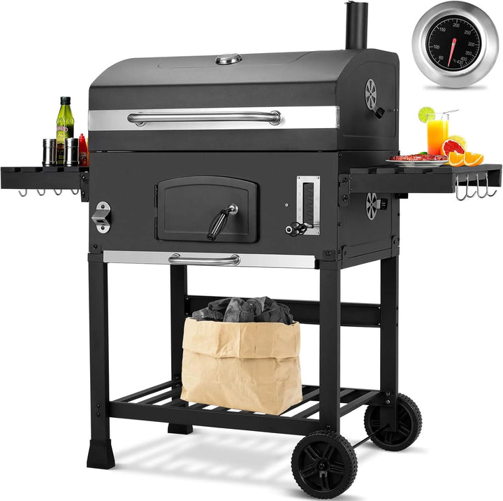 Barbacoa de Carbon XXL, Parrilla de Carbón con Chimenea y Tapa, Parrilla con Carrito BBQ Smoker con Ruedas y Termómetro, Grande BBQ Carbon para Camping y Jardín