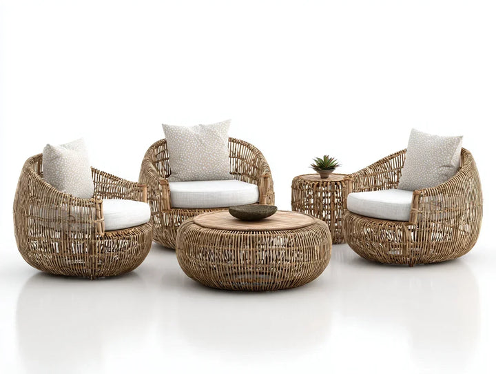 Sofás de jardín ratán natural con cojines beige y mesa redonda 180x80x75 cm - diseño moderno para exterior