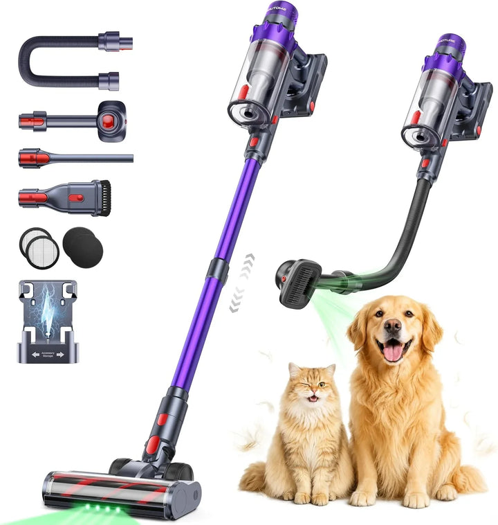 55KPA/650W/70Min(ECO) Aspiradora sin Cable, Aspiradora Vertical con Cepillo para Mascotas, Manguera 1.5M, Modo Automático,Cepillo Anti-Enredo, Luz Verde, Fragancia para Pelo de Mascota, Alfombras