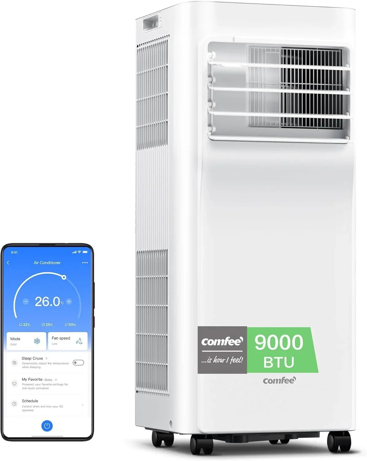COMFEE Pingüino Aire Acondicionado Portátil 9000 BTU/2300 Frigorías Breezy Cool Pro – Climatizador sin unidad exterior, Bajo Consumo, App Control y Kit de Ventana – Refrigera, Ventila y Deshumidifica