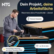 NTG Carro de herramientas XXL – 471 piezas incluidas – 12 cajones con tablero de trabajo de madera, con llave, móvil sobre ruedas – Gabinete profesional de metal para garaje y taller