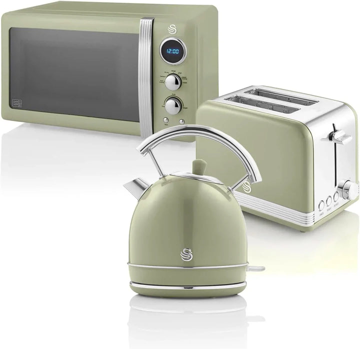 Swan Retro Set Desayuno Hervidor de Agua 1,8 L, Tostadora Pan Ranura Ancha 2 Rebanadas, Microondas Digital 20L, 6 Niveles de Potencia,Temporizador, Puerta Espejo, Diseño Vintage, Verde