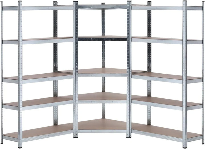 THINIA HOME - Pack 2 Estanterías Modulares + 1 Estantería Esquinera, Acero y MDF Antihumedad, Hogar, Trastero, Garaje, Taller, Comercio, 5 Baldas Ajustables, Carga Máx. 875Kg (x3)