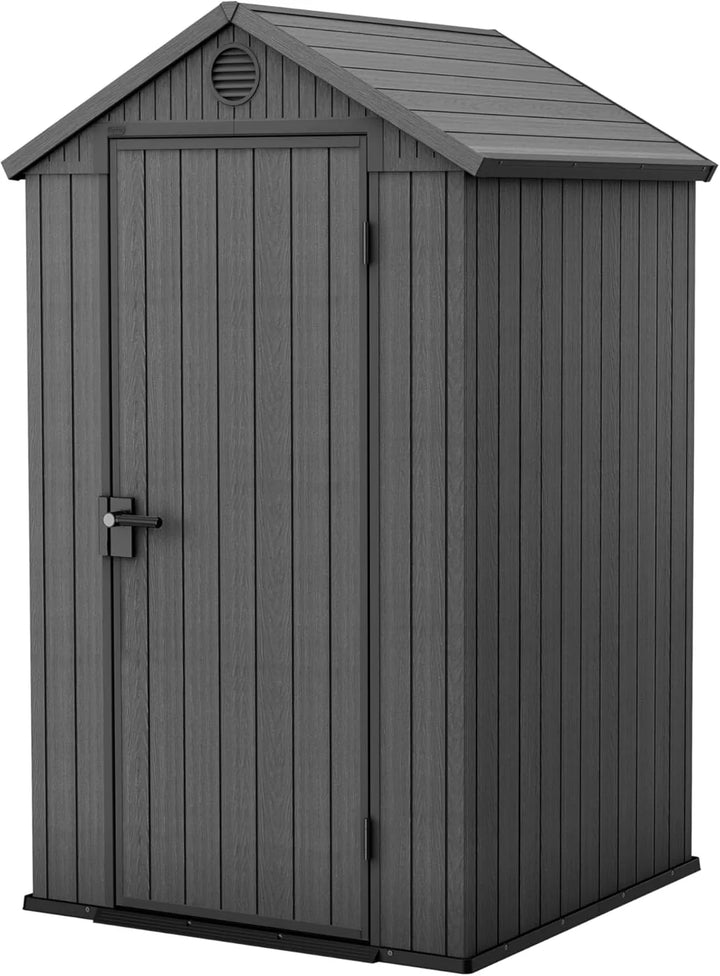 KETER Darwin 4x4 Caseta de jardín, 125.8 x 117 x 205 cm y 1.4 m2, Suelo, Sistema de ventilación, Puerta y Ventana, Resistente al Agua, Color Gris