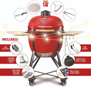 Kamado BONO BBQ - Barbacoa Grande XXL con 10 accesorios - Ø 64 cm Kamado Barbacoa con Accesorios - Parrilla ahumador rojo en la terraza, balcón o jardín