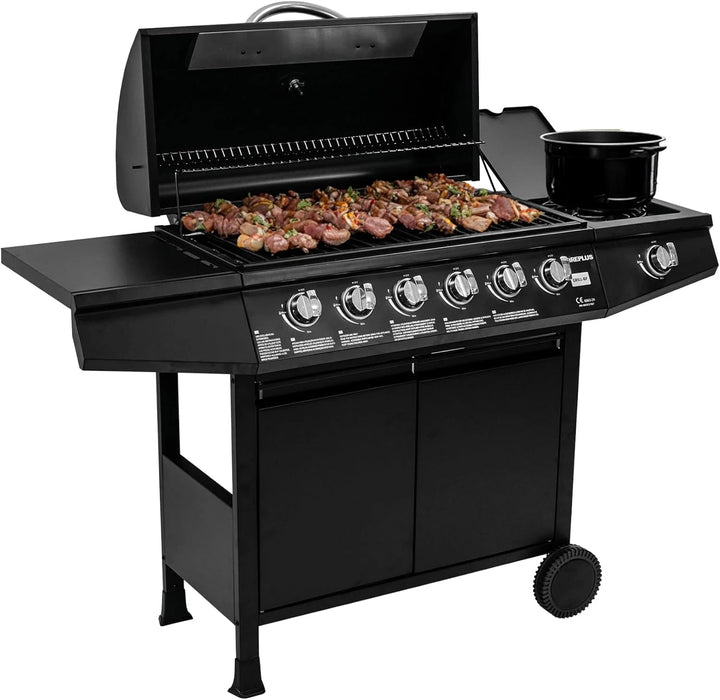 Barbacoa de gas Fireplus 6+1 de 12,9 kW - Acero inoxidable Negro - Parrilla con ruedas Modelo GRILL-6F - Barbacoa XXL con carro y termómetro - 138x52x103 cm - 7 quemadores y Bandeja lateral