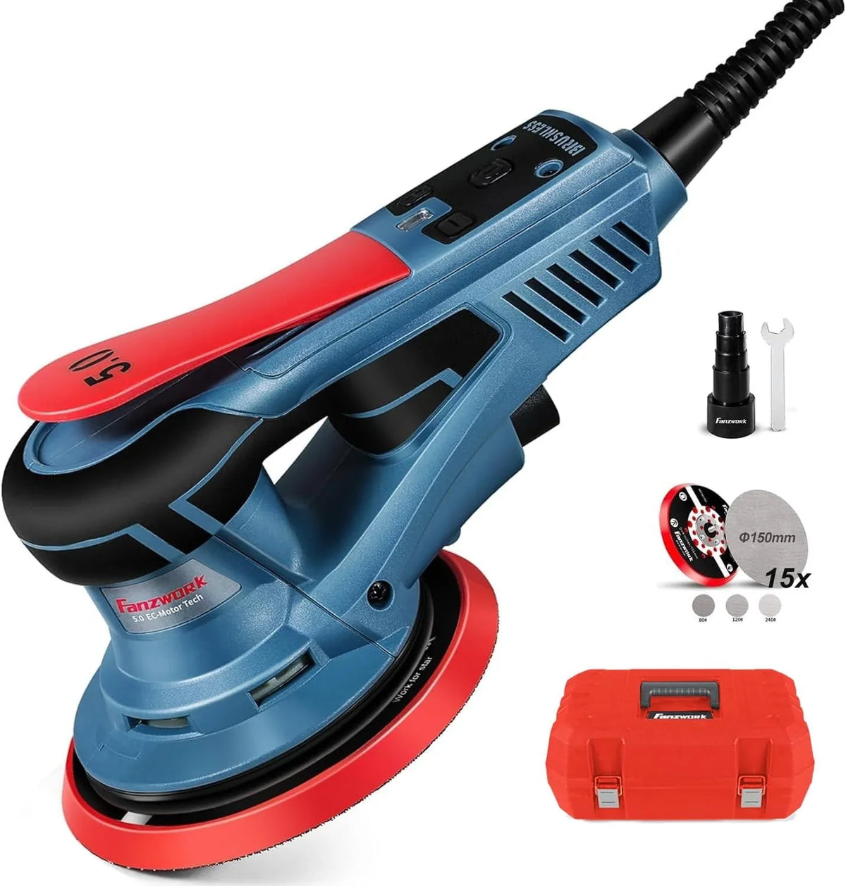 FANZWORK Lijadora Rotorbital 150 mm, 350W, Motor sin escobillas