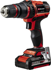 Einhell Taladro con batería TE-CD 18/45 3X-Li+22 Power X-Change (18 V, 45 Nm, portabrocas desmontable, pieza angular y excéntrica, set de puntas de 22 piezas, 2 baterías de 2,0 Ah, cargador + E-Box)